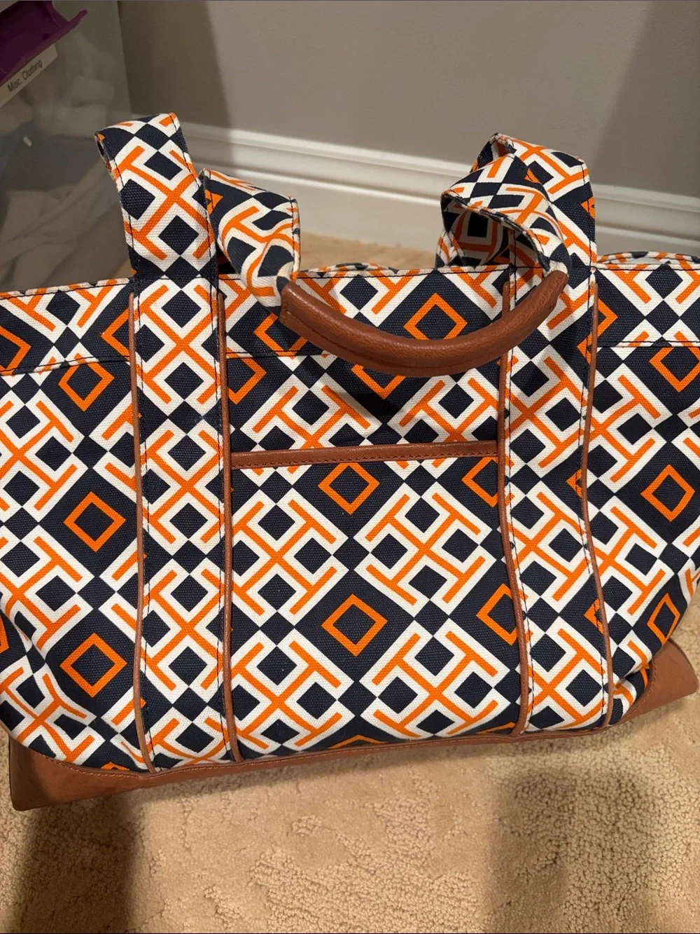 Tory Burch Navy, Orange & White Geometric Canvas Tote with Brown Trim
